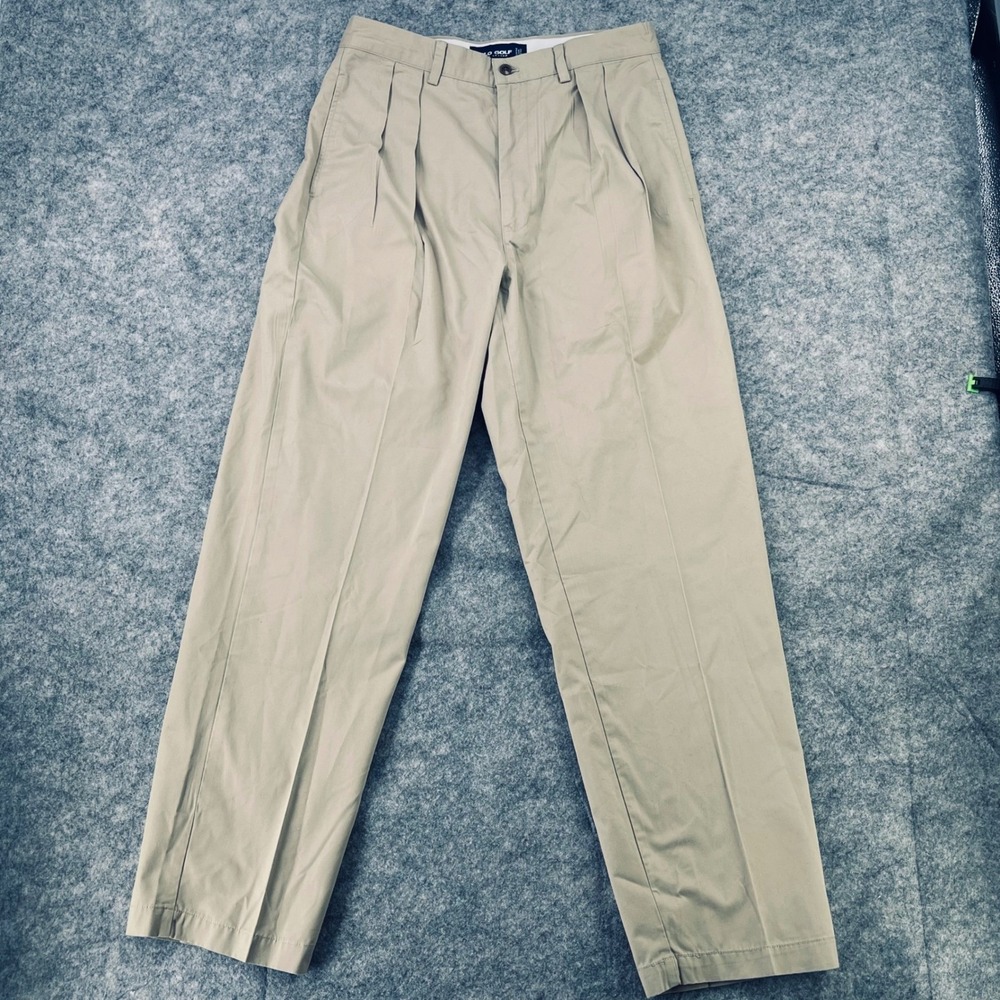 VTG Polo Golf Ralph Lauren Double Pleated Pants Men 32x32 Khaki Chino Crest Logo